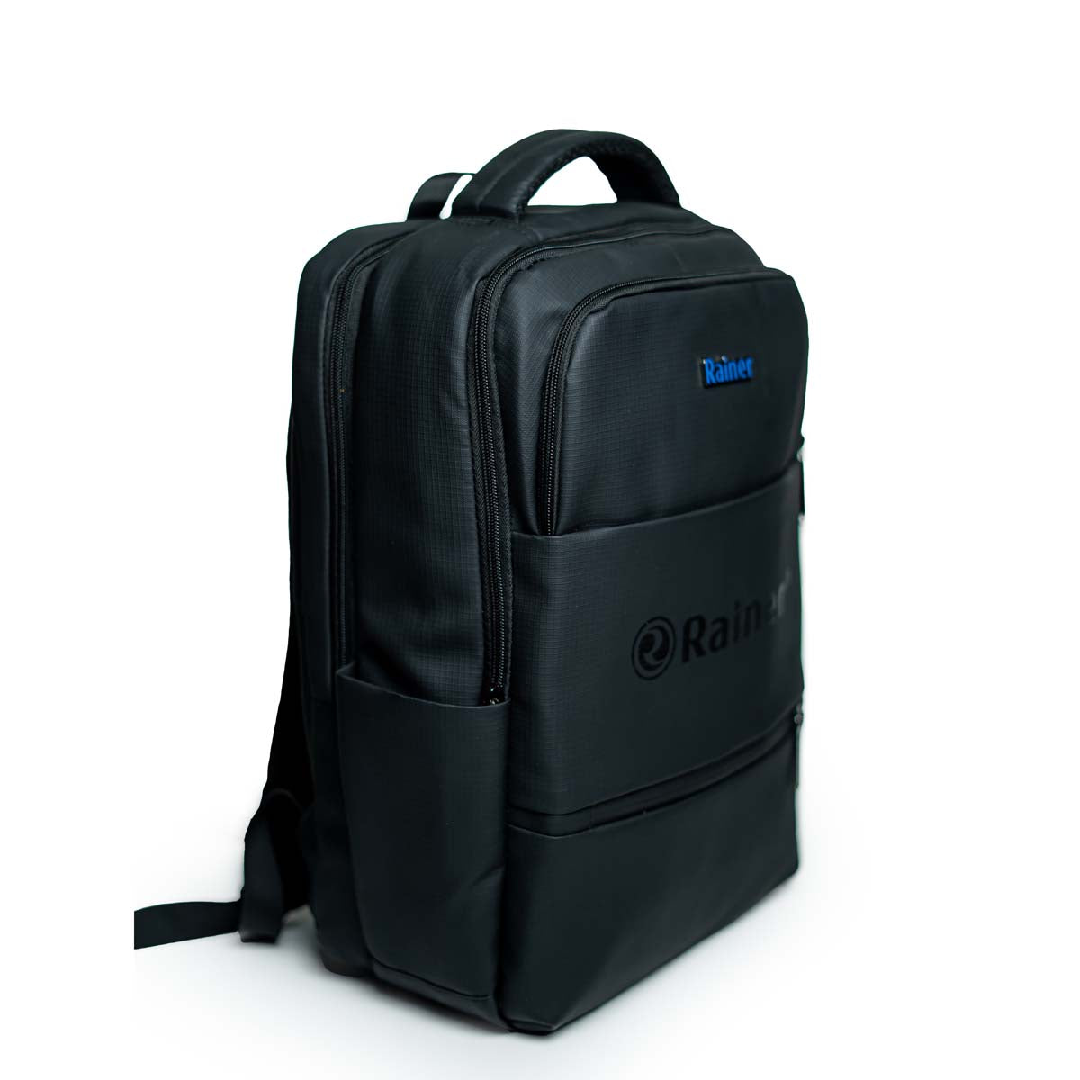 Black backpack with 'Rainier' branding on a white background