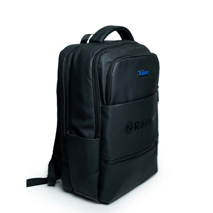 Black backpack with 'Rainier' branding on a white background